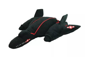 A plush toy resembling the SR-71 Blackbird airplane with black fabric and red embroidery, designed to be cuddly.