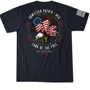 A black short-sleeved t-shirt with a graphic of an eagle and the American flag on the back, along with text 'Howitzer Patriot USA Land of the Free Home of the Brave'.