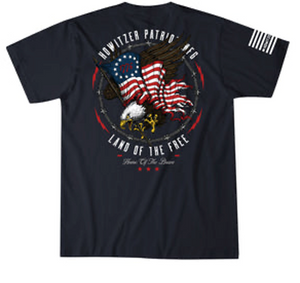 A black short-sleeved t-shirt with a graphic of an eagle and the American flag on the back, along with text 'Howitzer Patriot USA Land of the Free Home of the Brave'.