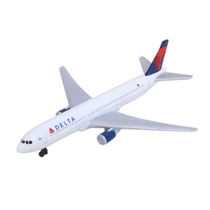 A Delta Air Lines toy or model airplane on a plain white background. The aircraft is predominantly white with blue and red accents on the tail and logo, and blue engine nacelles.
