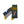 A pair of crew socks with a military-themed design. One sock features a dark olive green body with a yellow and black checkered stripe, a blue star insignia, and a pixelated soldier graphic.