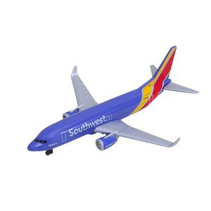 A miniature model of a Southwest Airlines Boeing 737, featuring the signature blue livery with red and yellow tail accents, on a plain white background.