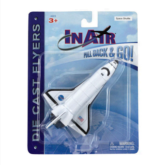Toy space shuttle in packaging with 'InAir' branding on a white background