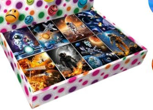 Colorful box with space-themed images on a white background