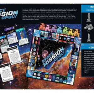 Space Mission Monopoly board game packaging with space-themed graphics and product details.