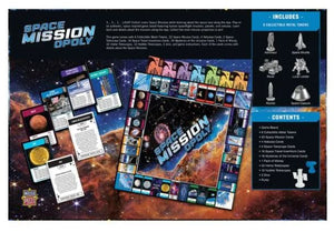 Space Mission Monopoly board game packaging with space-themed graphics and product details.