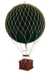 Model of a hot air balloon with a dark green balloon and red basket on a white background