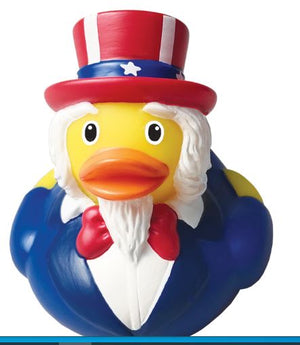 Rubber duck with Uncle Sam costume on a white background
