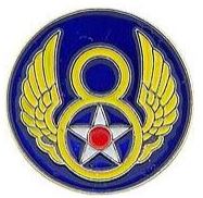 A round metal 8th Air Force pin with blue, gold, and red colors featuring winged star and circle design.
