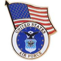A pin with the United States Air Force emblem and an American flag.