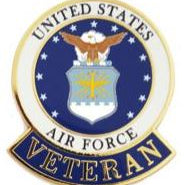 A pin badge with the United States Air Force Veteran emblem.
