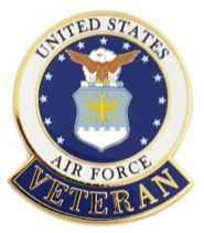 A pin badge with the United States Air Force Veteran emblem.