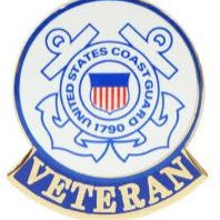 A circular pin badge with the United States Coast Guard logo and the word 'VETERAN' on it.