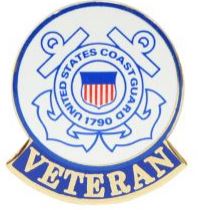 A circular pin badge with the United States Coast Guard logo and the word 'VETERAN' on it.