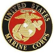 A round pin badge with the United States Marine Corps logo, featuring a golden eagle.