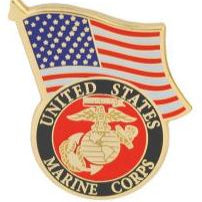 A pin with the United States Marine Corps logo and the American flag.