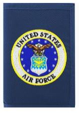 A tri-fold wallet with a United States Air Force emblem on the front.