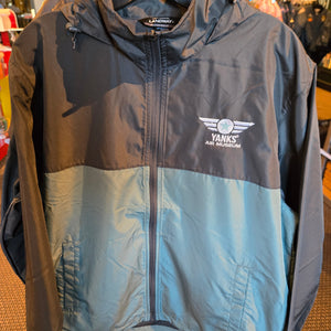 A hooded windbreaker jacket with a zippered front, featuring a logo on the upper left side, in shades of gray and blue.