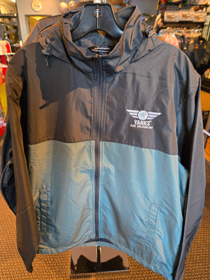 A hooded windbreaker jacket with a zippered front, featuring a logo on the upper left side, in shades of gray and blue.