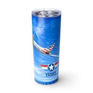 Tumbler with airplane design and 'Yanks' branding on a blue background