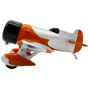 An orange and silver desk clock modeled after the Gee Bee Model R racing aircraft.