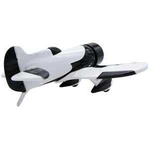 A desk clock designed to resemble a black and white Gee Bee racing airplane with wings and propellers.
