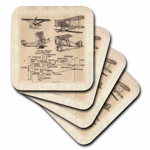A set of four square coasters with a vintage sketch of airplanes design.