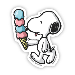 Sticker of a Snoopy dog holding a colorful ice cream cone on a white background