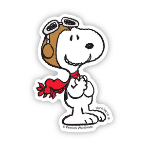 Cartoon Snoopy dog with aviator helmet and red scarf on a white background