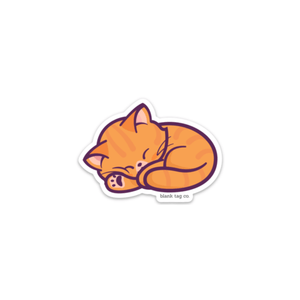 Sticker of a sleeping cat with 'blank tag co' text on a white background