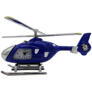 A blue toy helicopter desk clock with chrome accents and yellow rotor tips.