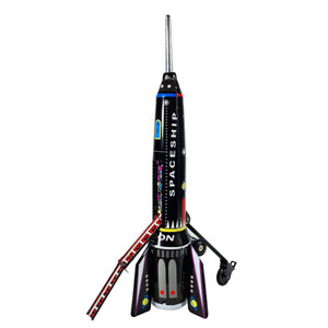 A black toy rocket with red and white accents, named 'Radon', with a friction drive mechanism.