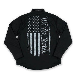 We the people black jacket with a white distressed American flag on the back 