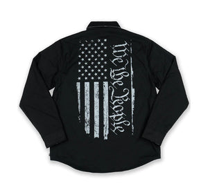We the people black jacket with a white distressed American flag on the back 