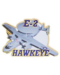 A pin badge with the E-2 Hawkeye aircraft depicted on it, with a predominantly silver color and blue accents.