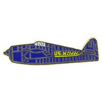 A pin shaped like a US Navy airplane with blue and yellow design elements, featuring the text 'US NAVY' on it.