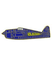 A pin shaped like a US Navy airplane with blue and yellow design elements, featuring the text 'US NAVY' on it.