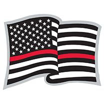 A pin with a design resembling a flag, primarily black and white with a red line, and a stars pattern on the upper left side.