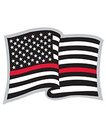 A pin with a design resembling a flag, primarily black and white with a red line, and a stars pattern on the upper left side.