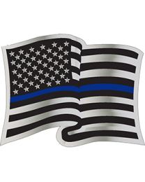 A pin shaped like the American flag with a blue line across the middle.