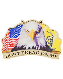 A pin with an emblem featuring a bald eagle and the phrases 'DON'T TREAD ON ME' with the American flag in the background.