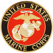 A metallic pin with a military emblem design, featuring text and a sword motif.