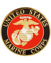 A metallic pin with a military emblem design, featuring text and a sword motif.