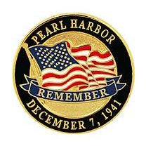 A round pin badge with text and an American flag. The text reads 'PEARL HARBOR REMEMBER DECEMBER 7, 1941'.