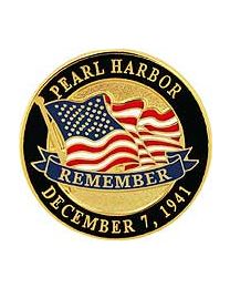 A round pin badge with text and an American flag. The text reads 'PEARL HARBOR REMEMBER DECEMBER 7, 1941'.