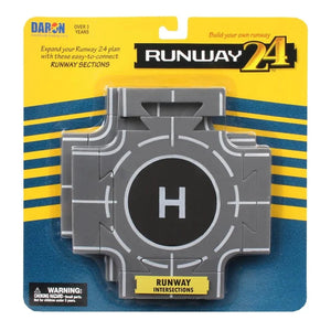 DAR-ON Runway 24 plastic toy airport terminal and runway section, featuring a gray runway intersection with a black and white 'H' marking, mounted on its original yellow and blue blister card packaging.