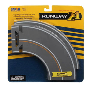 Packaged toy track piece with 'Runway 24' branding on a yellow and blue background