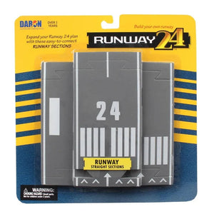 Daron Runway 24 Straight Sections in gray plastic, packaged in a yellow and blue blister card with the Daron logo.