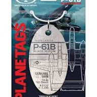 A collectible metal plane tag with a graphic of the Northrop P-61 Black Widow aircraft, featuring red and black colors and detailed illustration, packaged on a card with the Moto Art logo and 'PLANE TAGS' and 'P-61B BLACK WIDOW'.