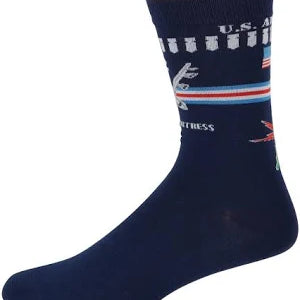 A pair of navy blue woven socks with B-52 Stratofortress markings and the text 'U.S.A.' on the ankle area.